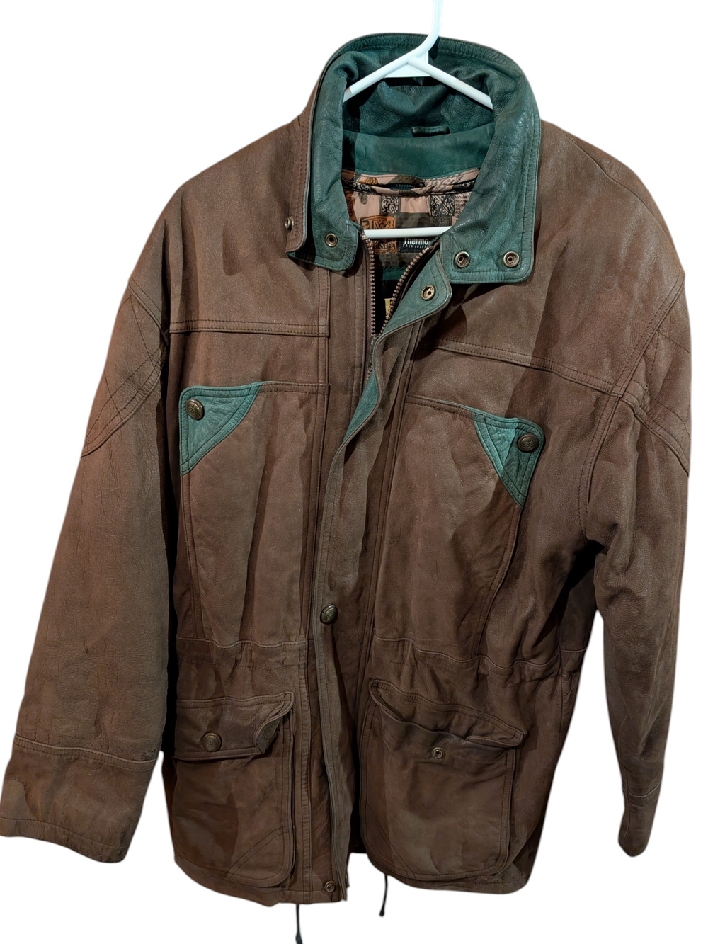 Vintage Cuir Dimitri Mens Brown Leather Jacket with Green Trim